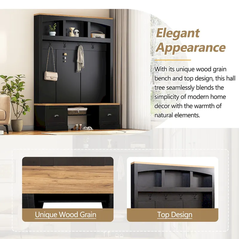 Farmhouse Hall Tree with Wood Grain Bench, Hooks and Bottom Cabinets