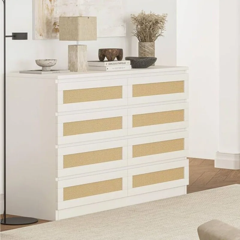 8 Drawer Rattan Double Storage Dresser for Bedroom