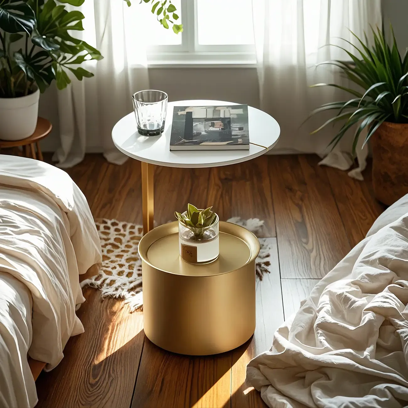 Glam Round Marble Side Table with Gold Metal Drum Storage