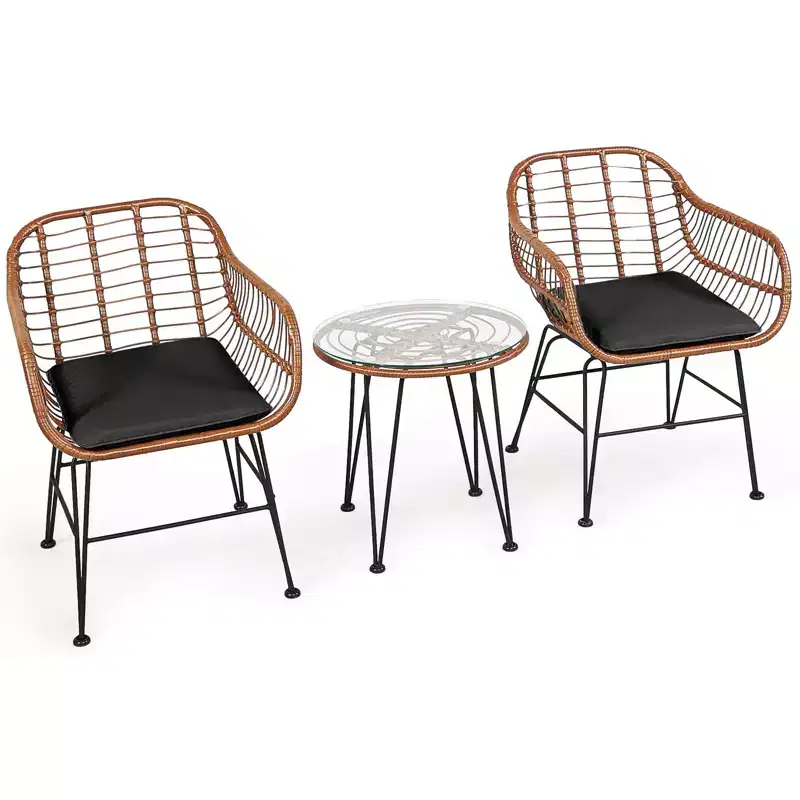 Gymax 3 PCS Patio Conversation Set Outdoor PE Rattan Armchairs w/ Plush Cushions & Round Tempered Glass Coffee Table Navy Blue/Gray/Black