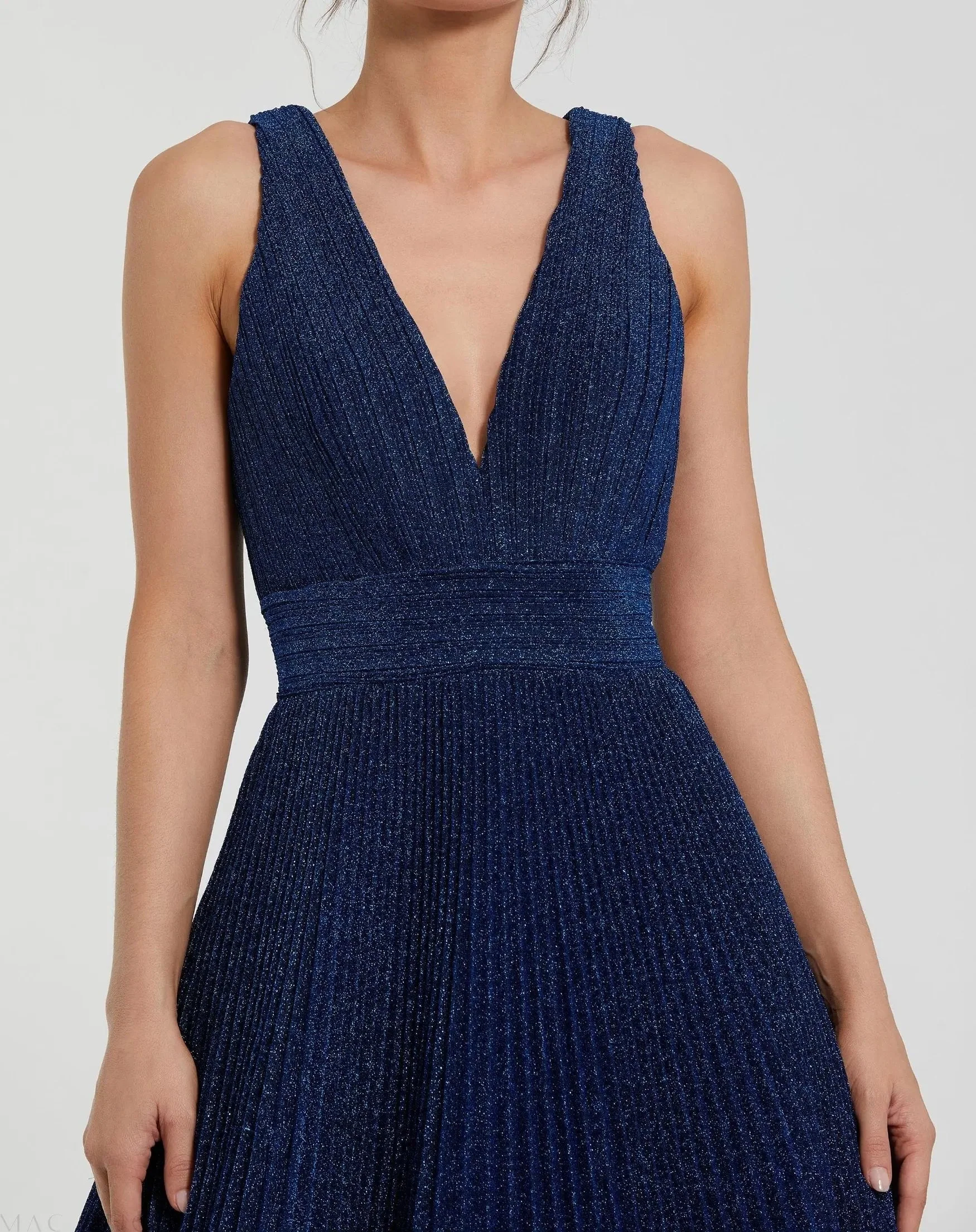 Navy Shimmering Pleated Sleeveless Gown