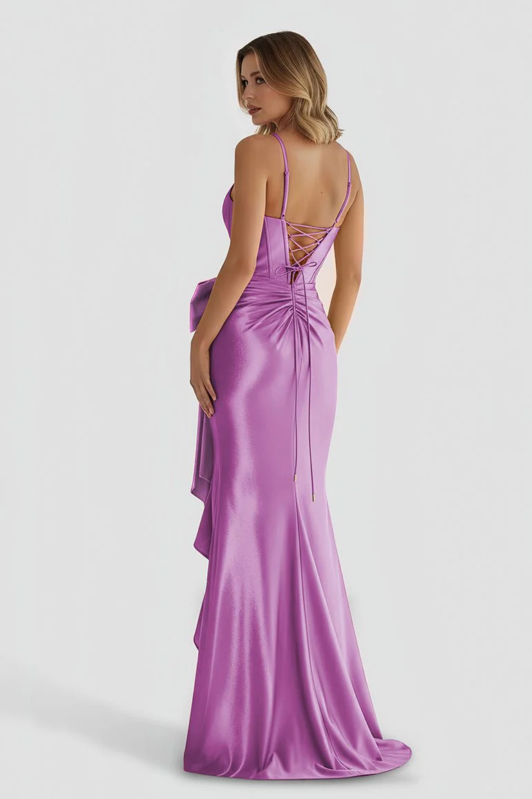 Straps V-Neck Satin Mermaid Prom Dress with Bow