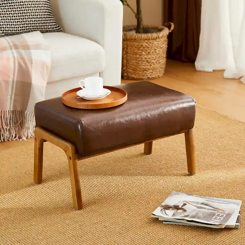 Glitzhome 24.5W Leatherette Accent Stool With Walnut Rubberwood Legs