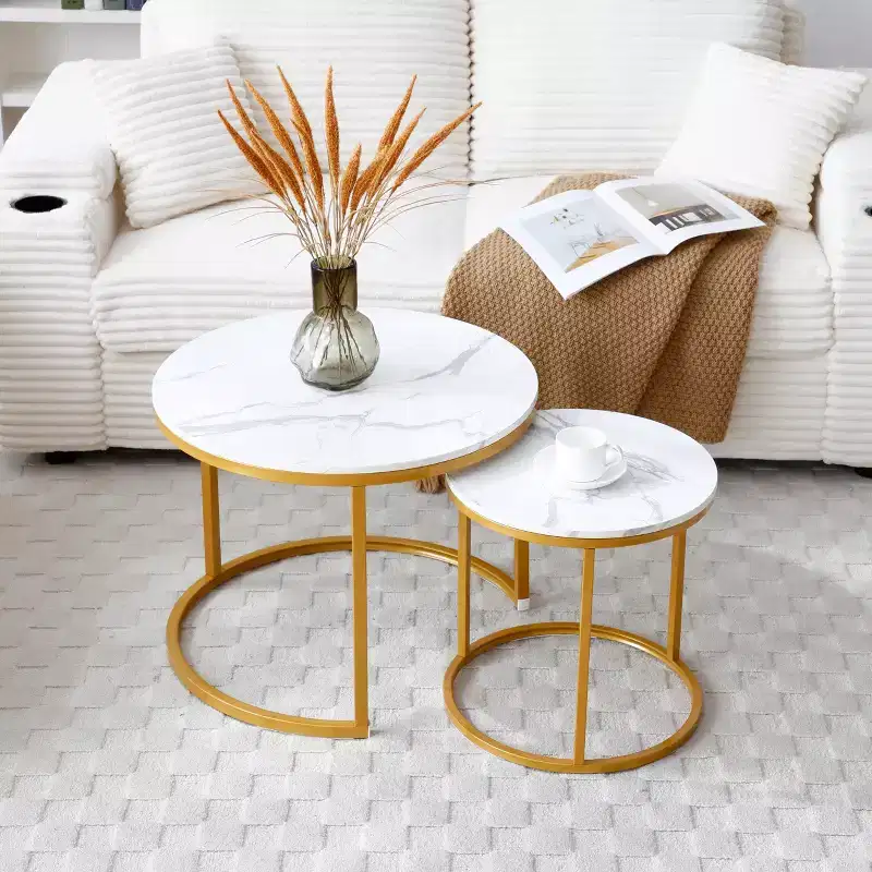 Set of 2 Nesting Coffee Tables  White & Gray Marble Top with Golden Frame, Round Wooden Tables for Living Room, Bedroom, Modern Industrial Nightstand
