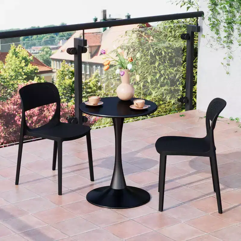 WestinTrends Playa 3-Piece Round Metal Bistro Dining Table Set And Stackable Resin Patio Dining Side Chairs