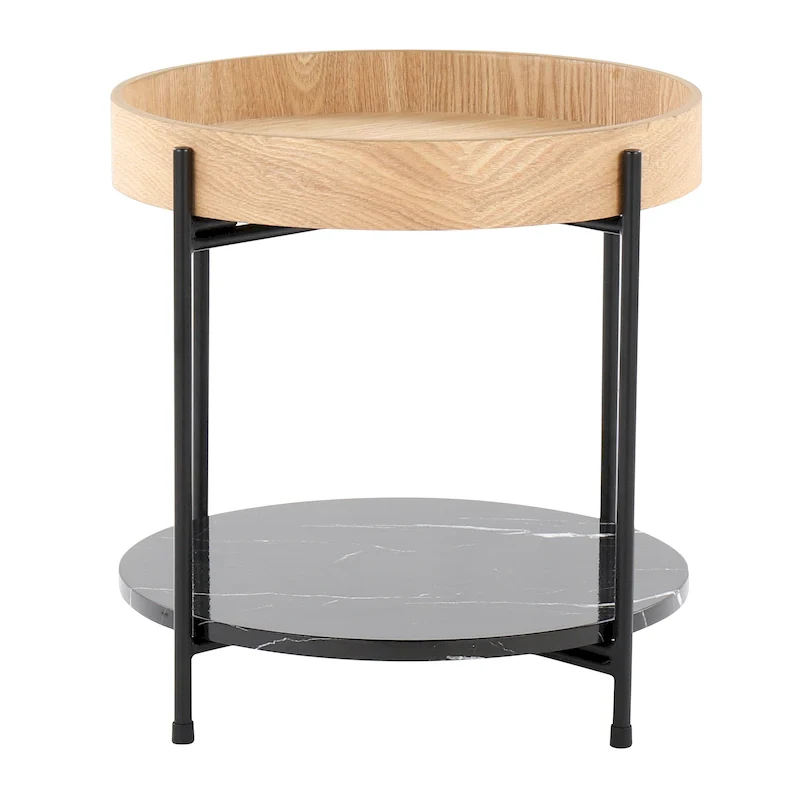 Natural Wood Round End Table with Black Metal Frame and Marble Shelf