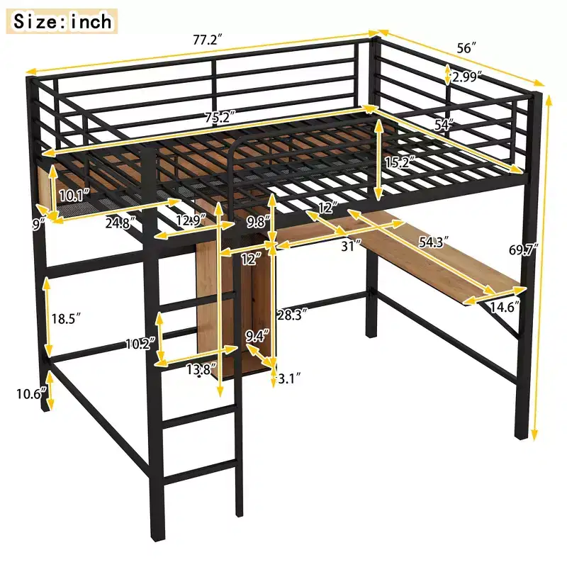 Bellemave Full Size Metal & Wood Loft Bed with L -shaped desk and shelves, Black and Brown
