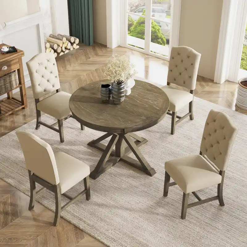 Dining Table Set with Extendable Table and 4 Upholstered Chairs