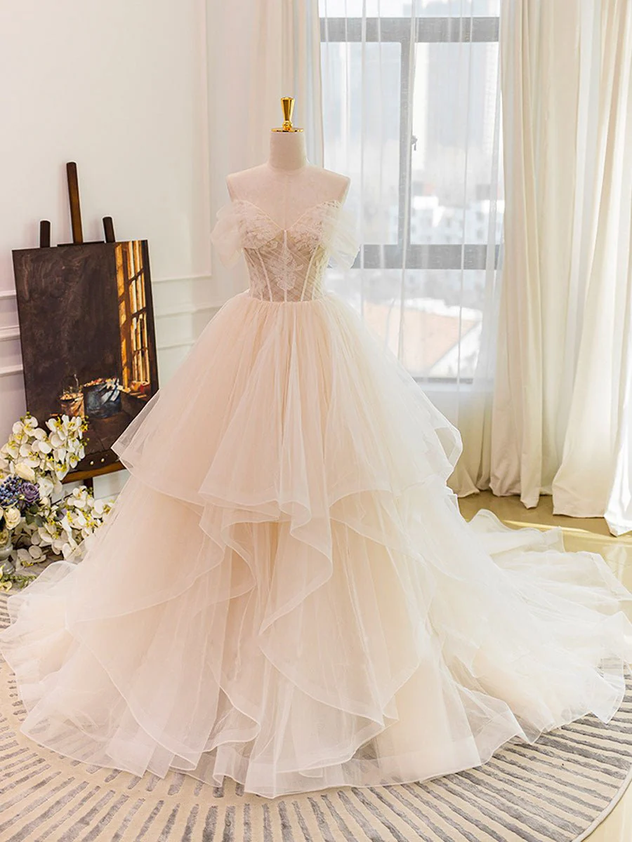 Champagne Tulle Lace Wedding Dress With Sweep Train