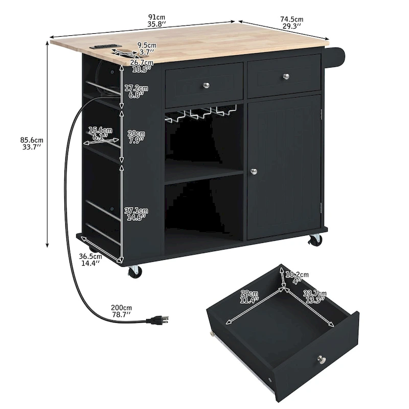 Adjustable Shelves Kitchen Island with Power Outlet and Drop Leaf