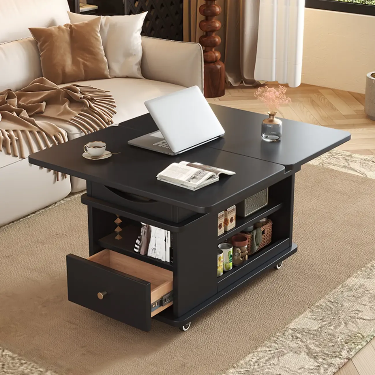 Rectangle Foldable Lift Top Wood Metal Side Table with Wheels