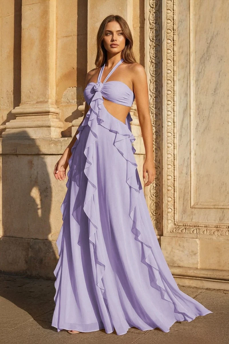 Pink A-Line Halter Chiffon Ruffled Long Prom Dresses With Cut Out