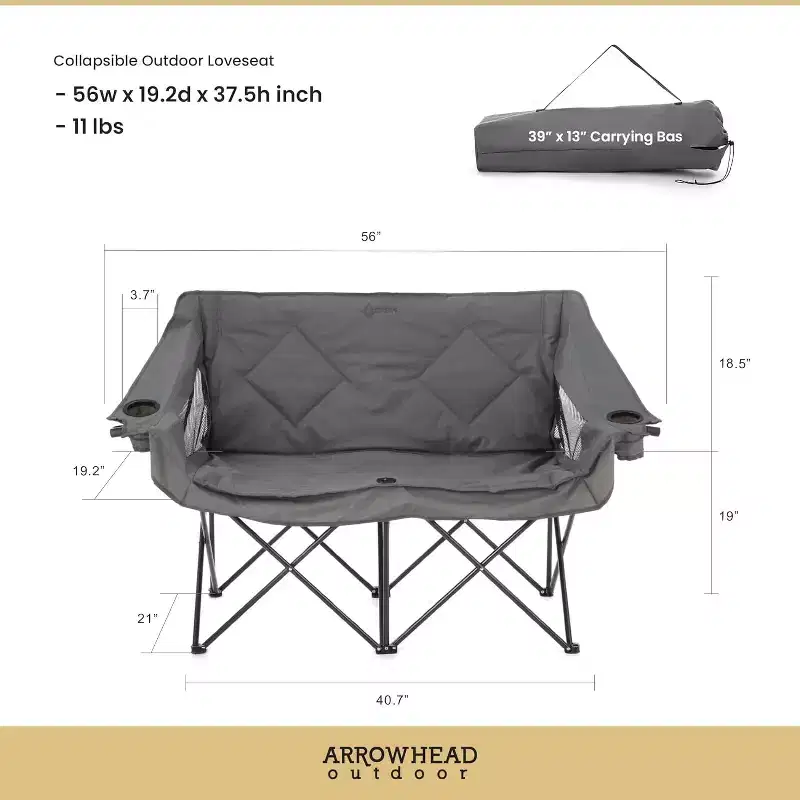 Arrowhead Outdoor Portable Folding Double Duo Camping Chair Loveseat Couch w/ 2 Cup & Wine Glass Holder, Supports up to 500lbs (Granite Grey)