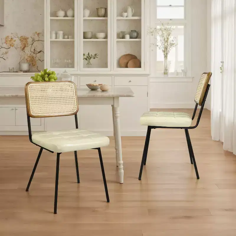 Art Leon Set of 2 Faux Leather Armless Cane Dining Chair with Metal Frame