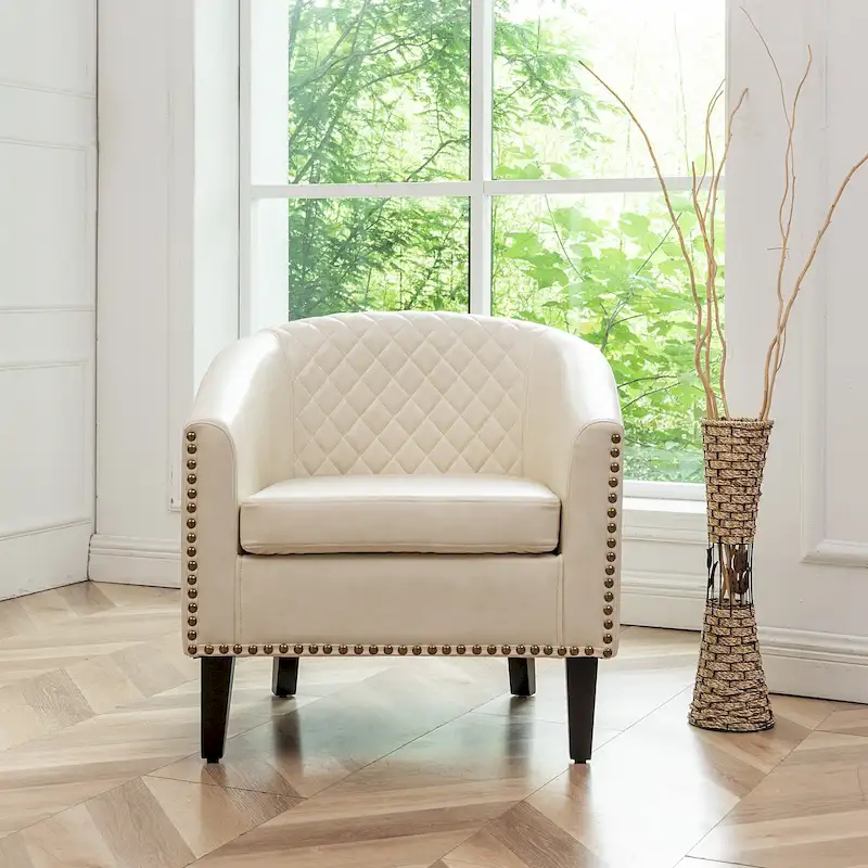 KINWELL PU Leather Tufted Barrel Chair Club Armchair with Nailheads