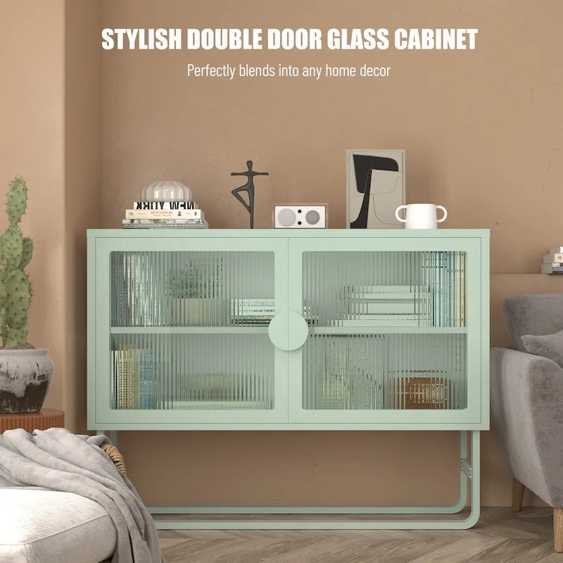 Tempered Glass Cabinet Credenza with 2 Adjustable Shelf U-shaped Leg Anti-Tip Dust-free Enclosed Cupboard for Living Room
