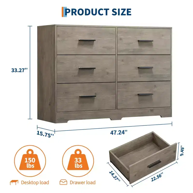 GustoWave Dresser for Bedroom with 6 Drawers, Modern Closet Dressers Chest of Drawers with Metal Handle, Wooden Dresser Organizer for Bedroom