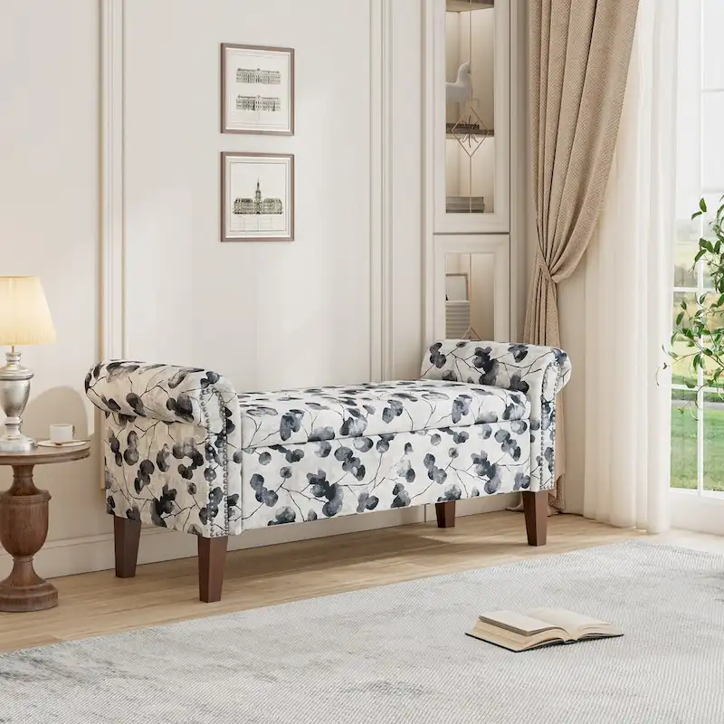 Floral Traditional Storage Bench Ottoman with Rolled Arms