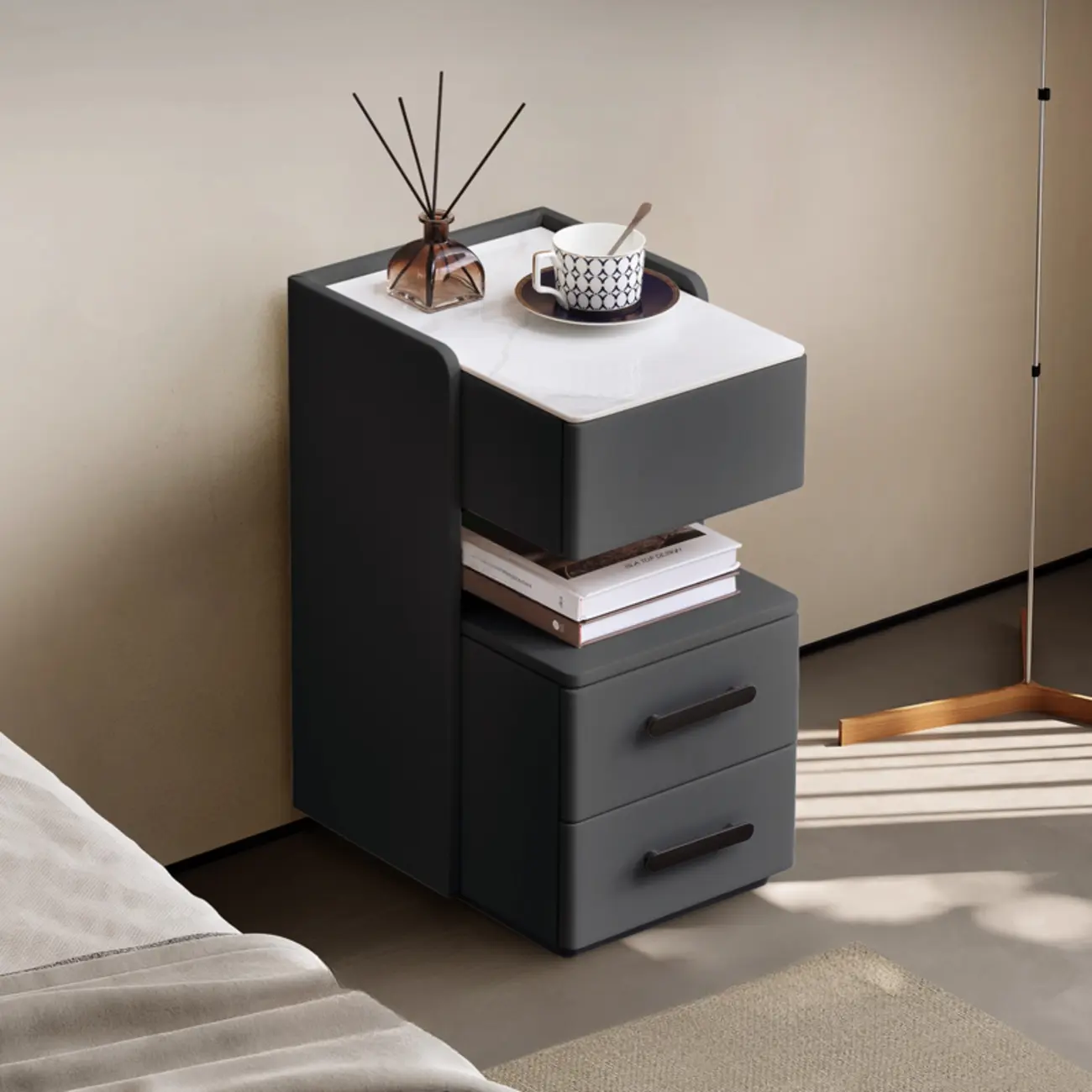 Compact Stone-Top Wooden 4-Tier White Nightstand