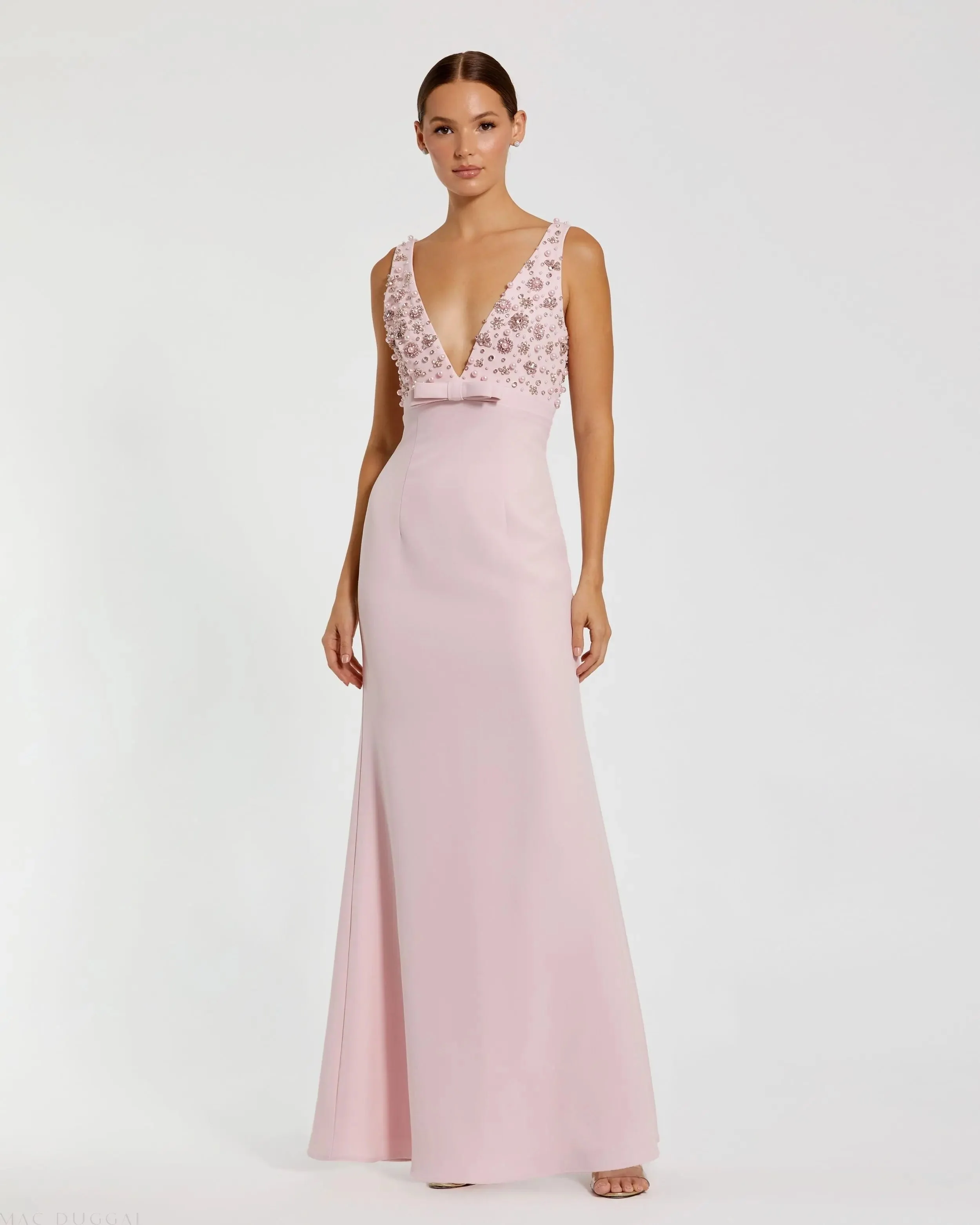 Crepe Sleeveless Beaded V Neck Gown With Bow