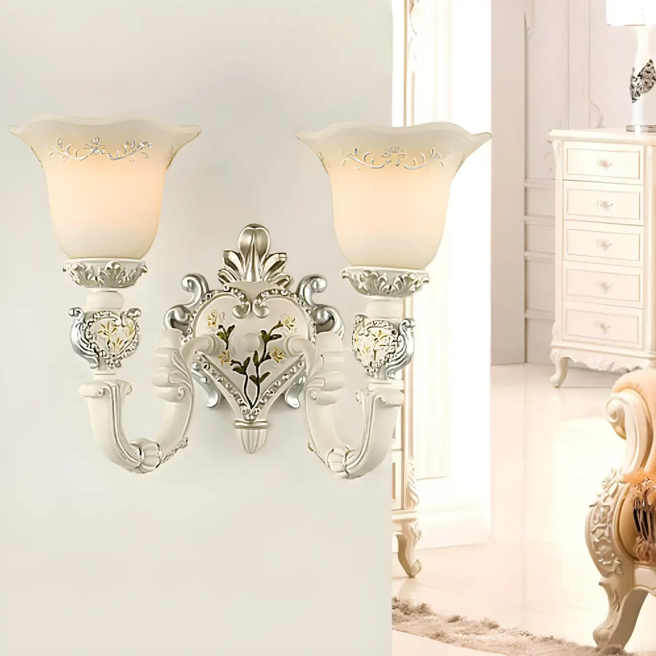 Vintage White Floral Glass Shade Classic Wall Sconce