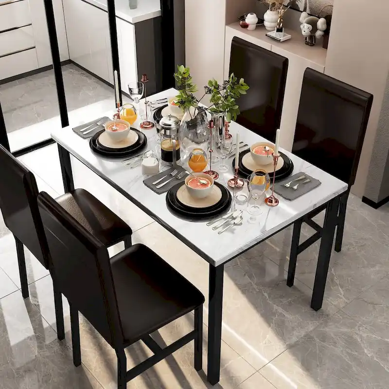White/Coffee & Espresso Faux Marble Dining Set, 5-Piece, Seats 4
