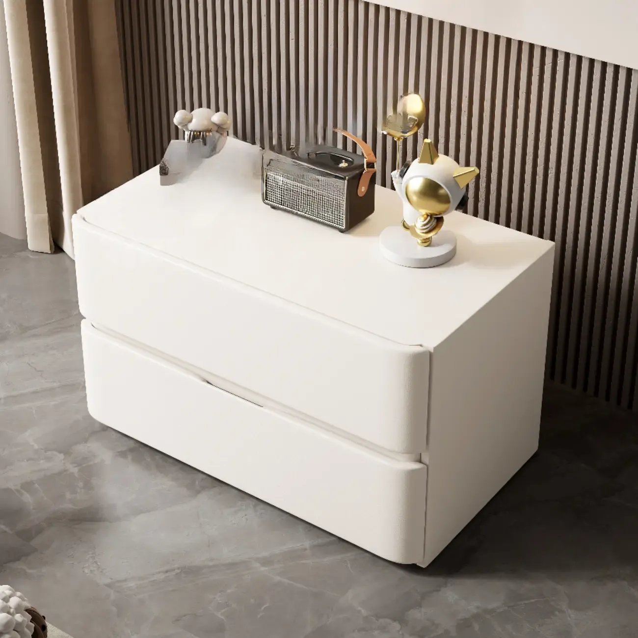 Modern Stone Top Wooden White Bedside Table 2 Drawers