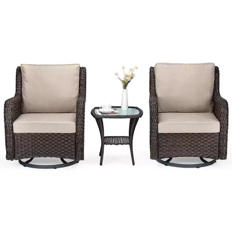3-piece Outdoor Rattan Rocking Chair Set, 360-degree Rotating Terrace Rattan Rotating Chair, Thick Cushions and Side Table