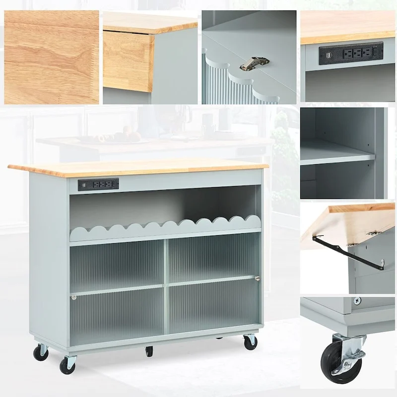 Multi-Functional Kitchen Island Cart with Drop Leaf, LED Light, and Power Outlets