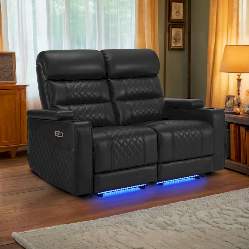 Black/Grey/Brown Power Reclining Loveseat, 2-Seat Faux Leather Sofa with Adjustable Headrest