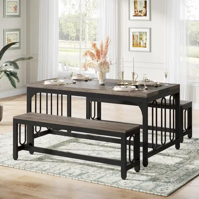 55 Inch Kitchen Table with 2 Benches, Dining Table Set for 4-6