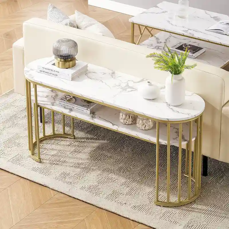 Modern White Faux Marble Top Console Table with Gold Metal Frame