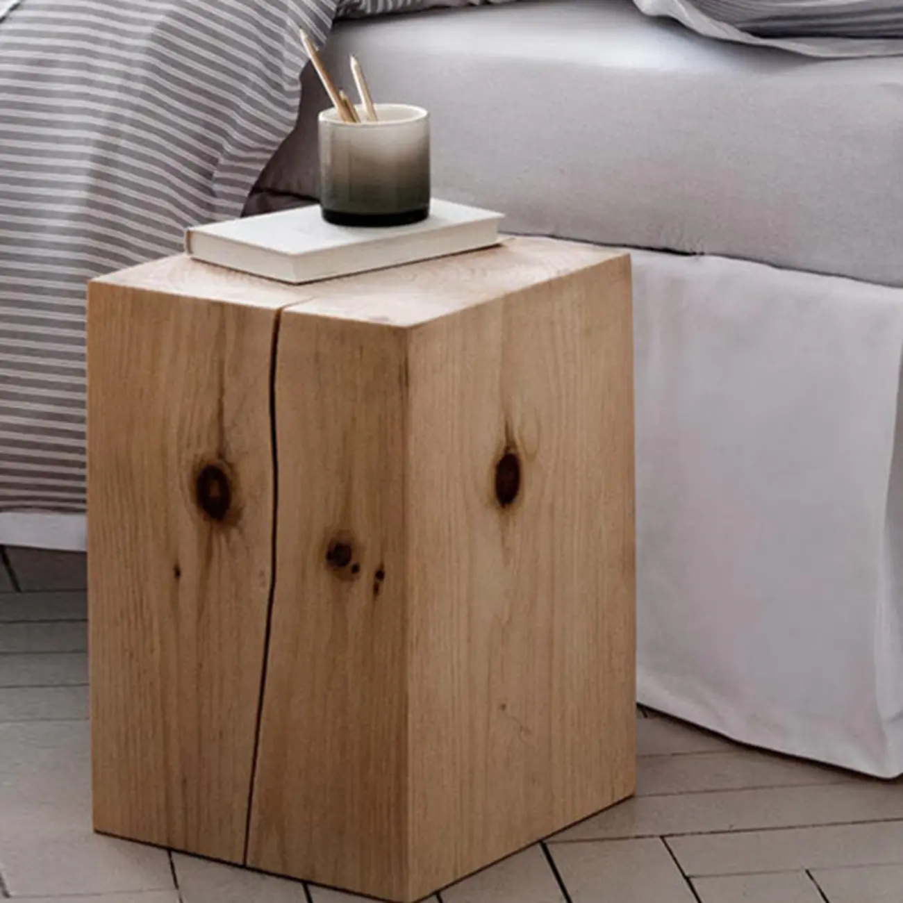 Modern Square Pine Wood Side Table for Living Room