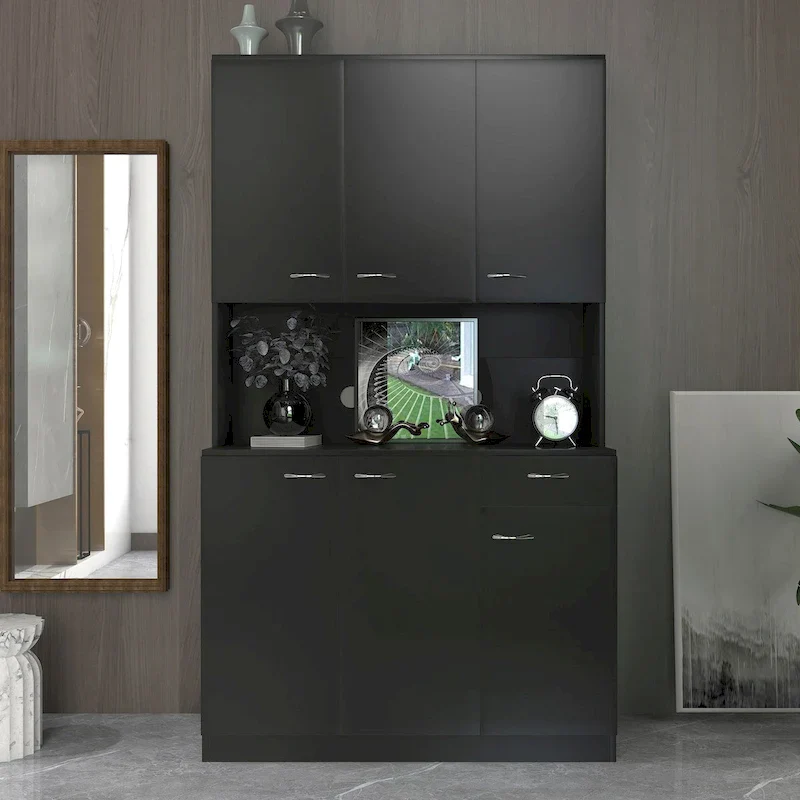 Black/Walnut/White/Oak Melamine MDF Tall Wardrobe with 6 Doors, 1 Drawer & 1 Open Shelf