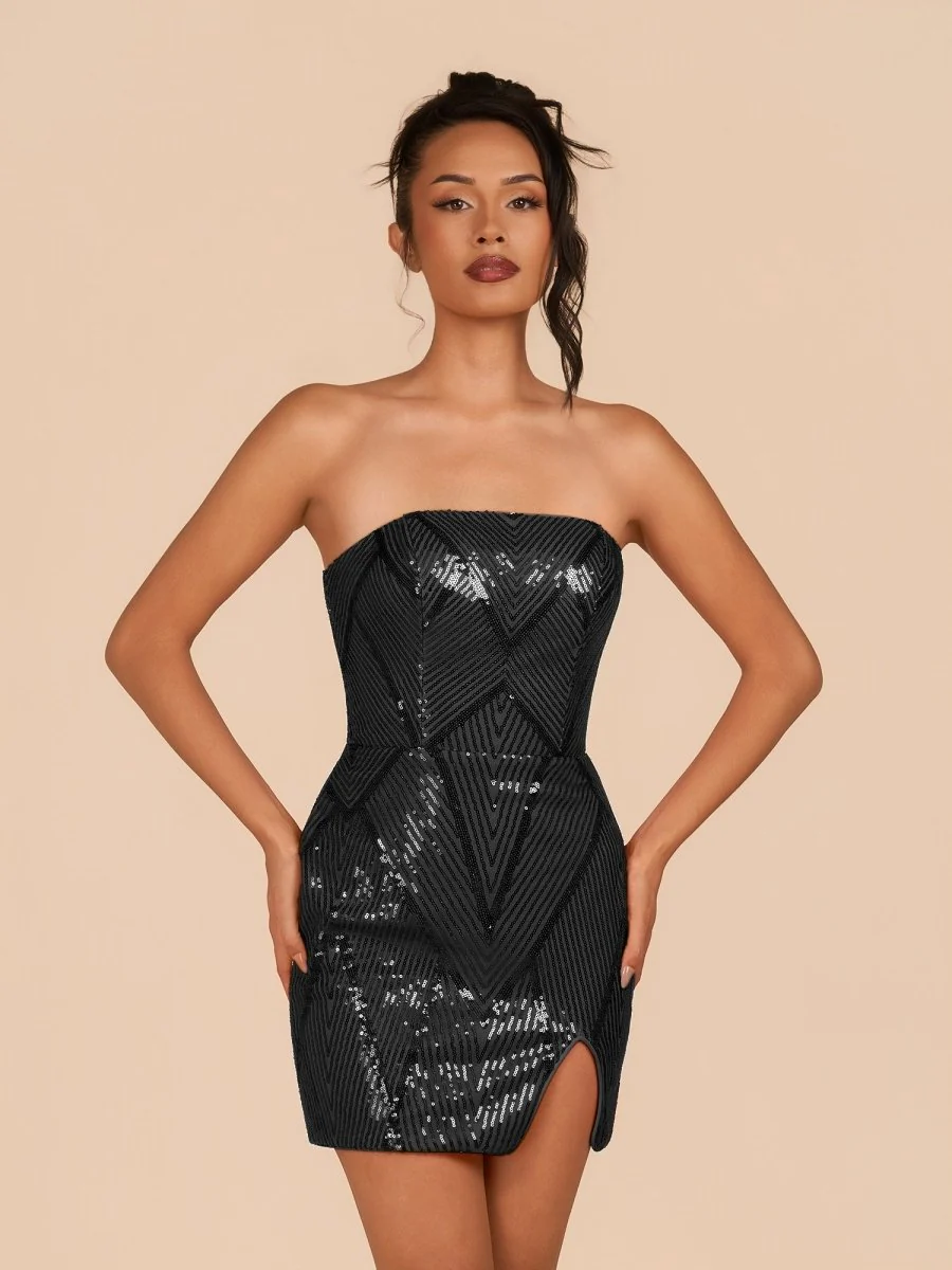 Black - Strapless Bodycon Sequins Homecoming Dresses With Slit