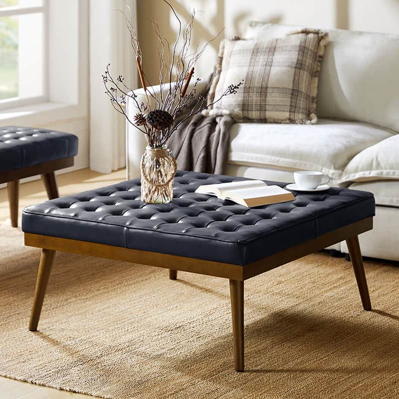 Genuine Leather Ottoman with Foam Fill & Flared Solid Wood Legs | Navy / Camel / Black | Single