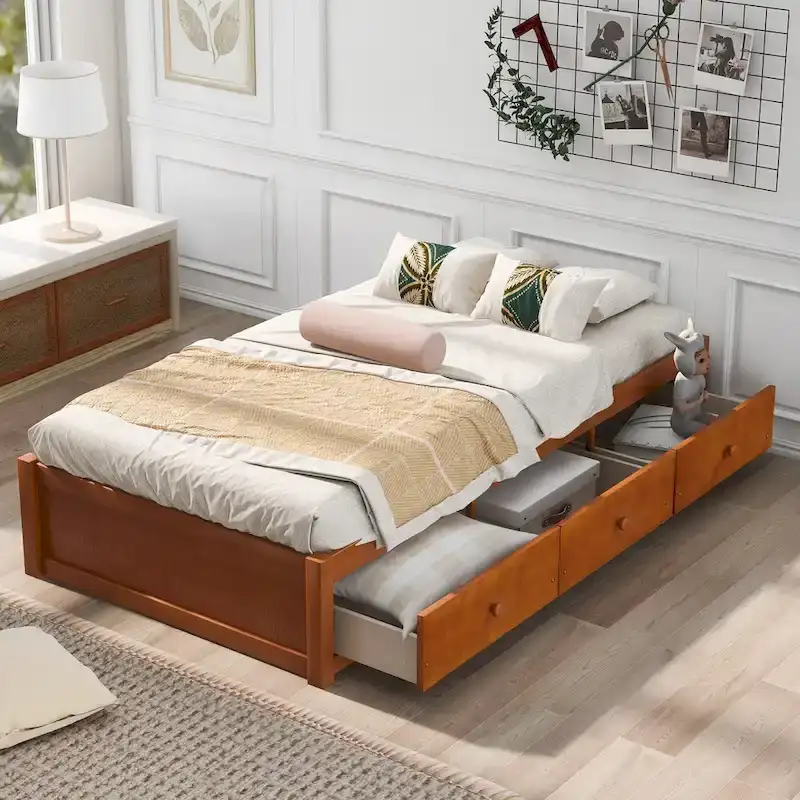 Oak Eco-Friendly Solid Pine Wood Twin Size Platform Storage Bed, 3 Drawers