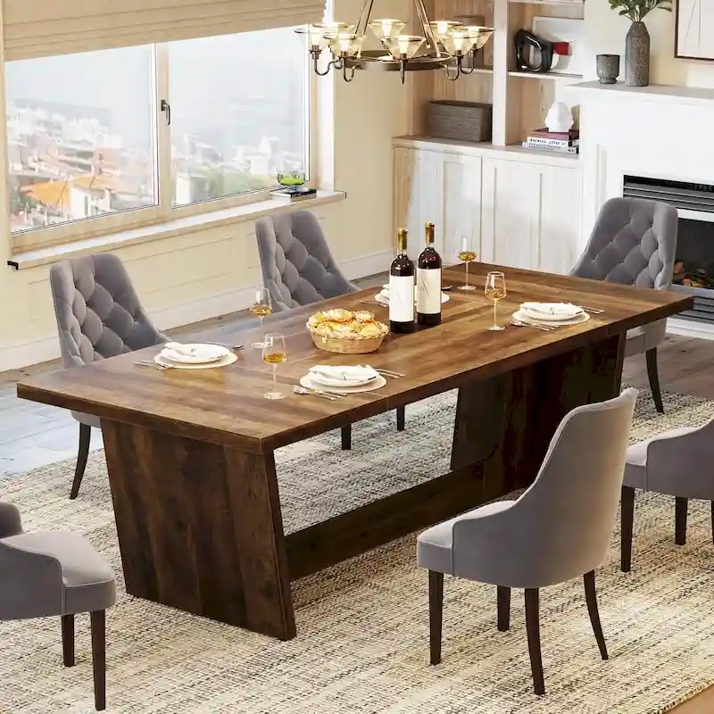 Farmhouse Rectangular Dining Table with Pedestal Base – Brown, Wood Grain, Seats 6–8