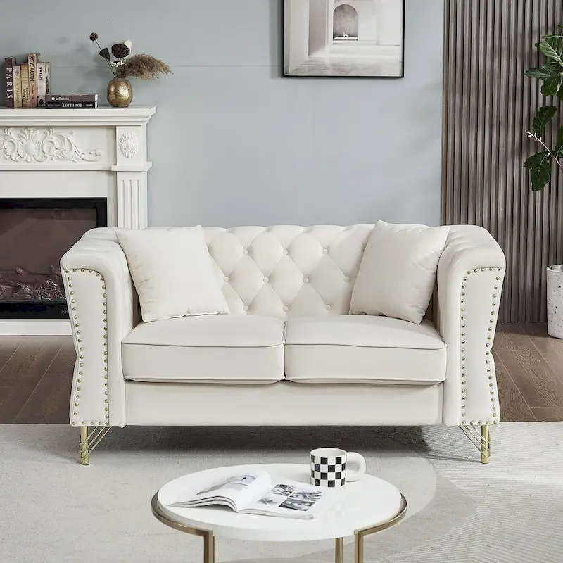 Beige 60.2 Velvet 2 Seater Sofa Couch with Metal Feet, 2 Pillows, Nailhead Trim, Solid Wood Frame and Foam Padding
