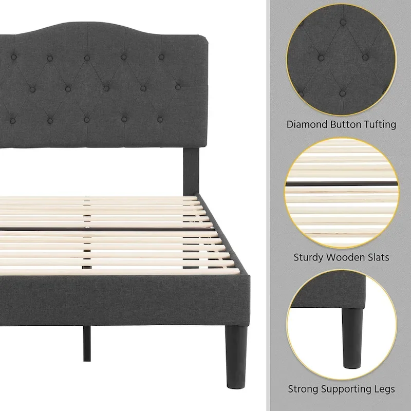 VECELO Modern Upholstered Bed with Height Adjustable Tufted Headboard ,Dark Grey