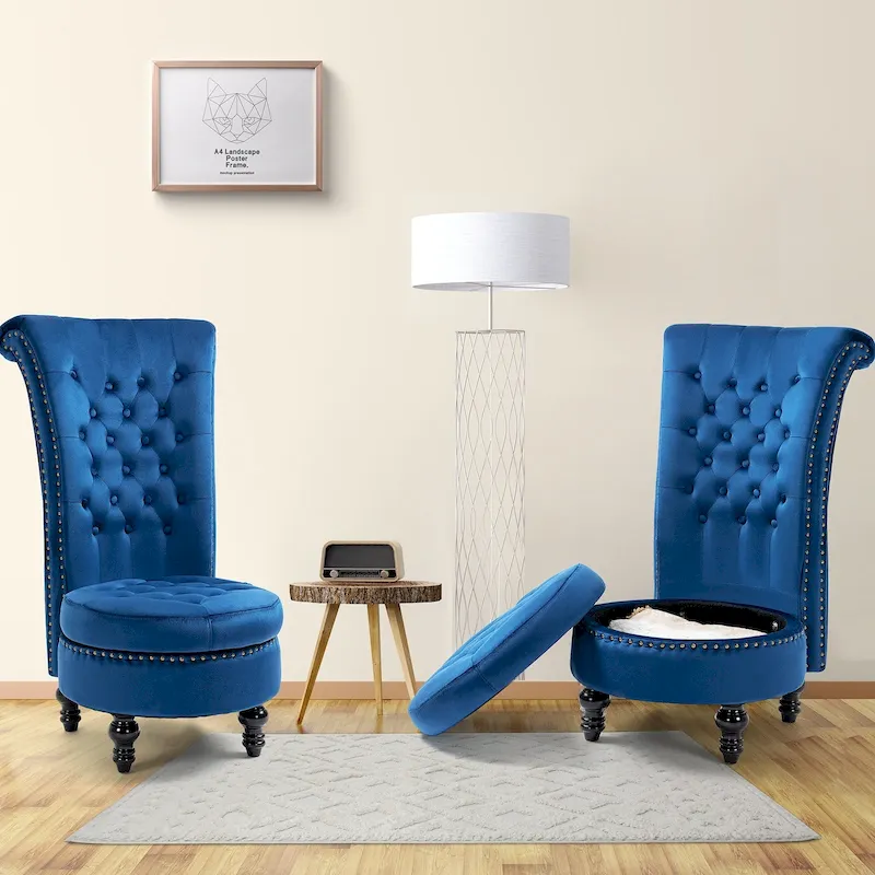 Set of 2 High Back Throne Chair Velvet Armless Royal Accent Chair with Storage