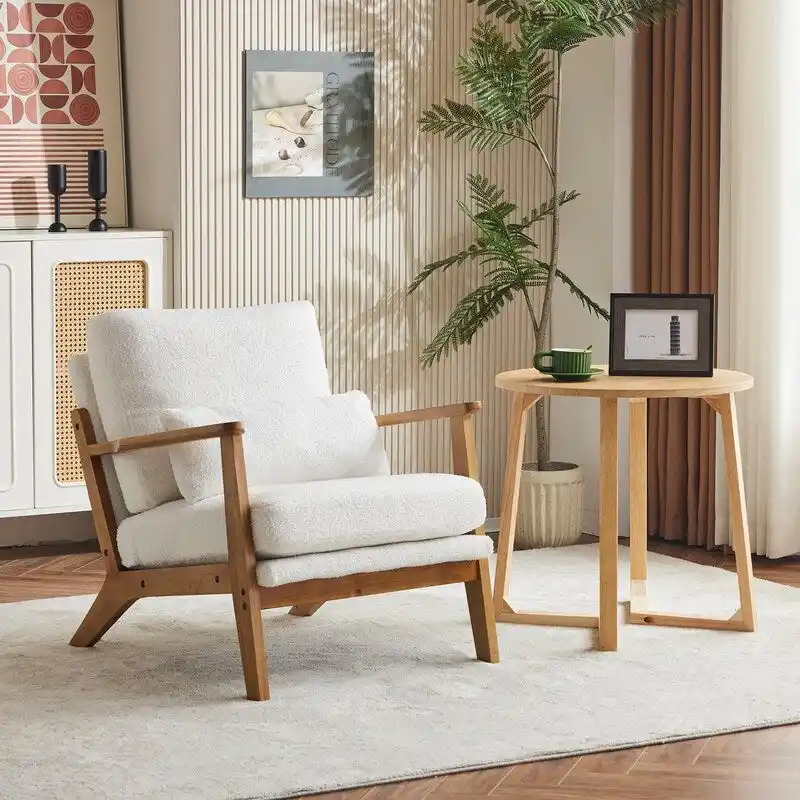 Upholstered Linen Blend Accent Chair with Wooden Legs and Pillow, Beige