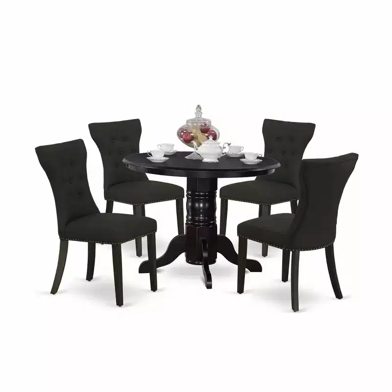 HomeStock 5-Piece Round Black Finish Solid Wood Top Dining Table with 4 Upholstered Chairs