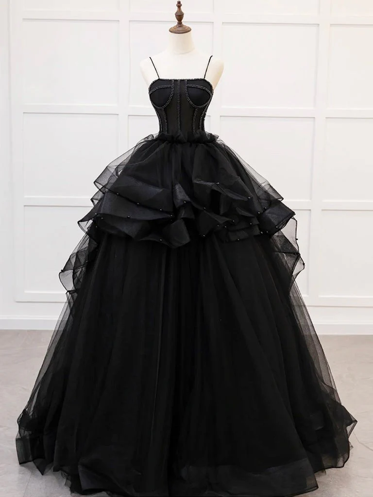 A-Line Tulle Beads Black Quinceanera Dress
