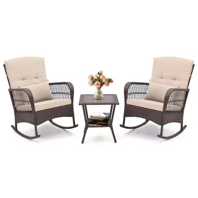 Costway Patio 3PCS Rocking Wicker Bistro Set 2 Rocker Chairs Tempered Glass Side Table