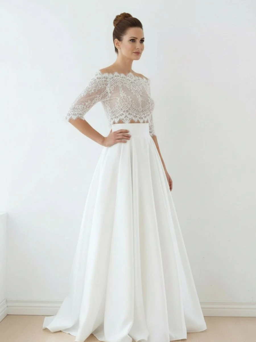 Off-The-Shoulder Lace A-Line Satin Two-Piece Wedding Dress With Sweep Train
