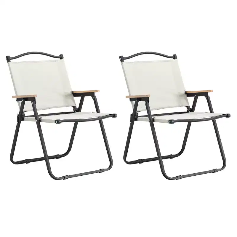 Okak Elegent 2PCS Camping Chairs with Wood Armrest, Folding Chair with Cuved Seat, Beach Chair for Backyard, BBQ, Party, Patio, Beige