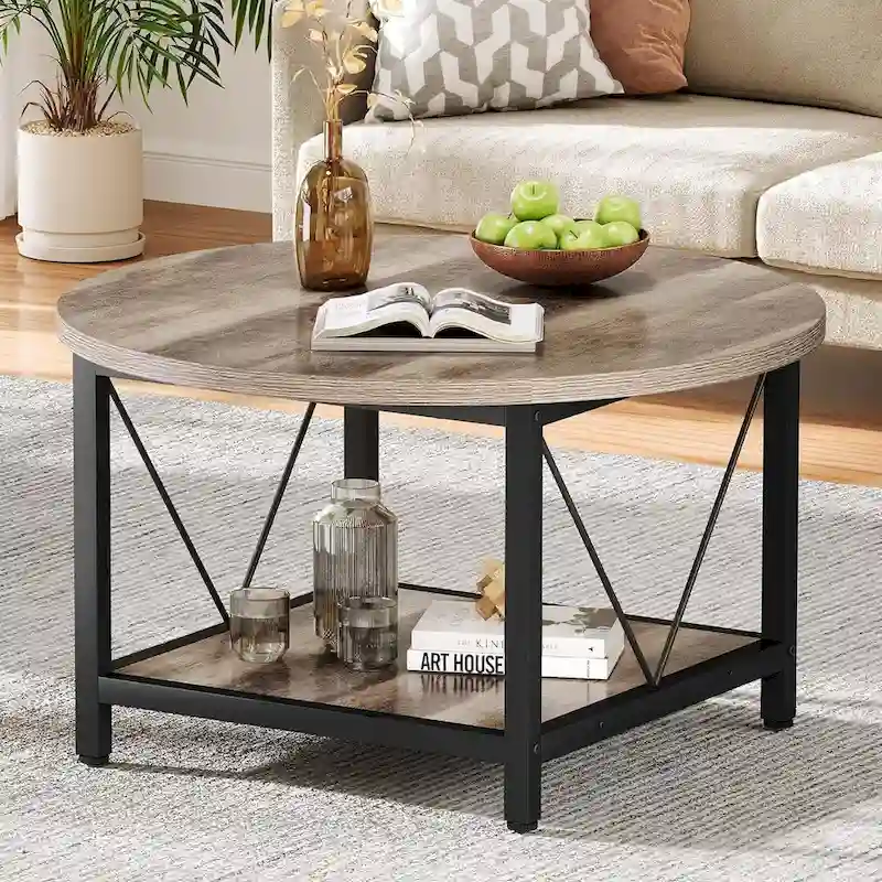 Moasis 31.5  Farmhouse Round Coffee Table, Rustic 2-Tier Center Table with Storage Open Shelf