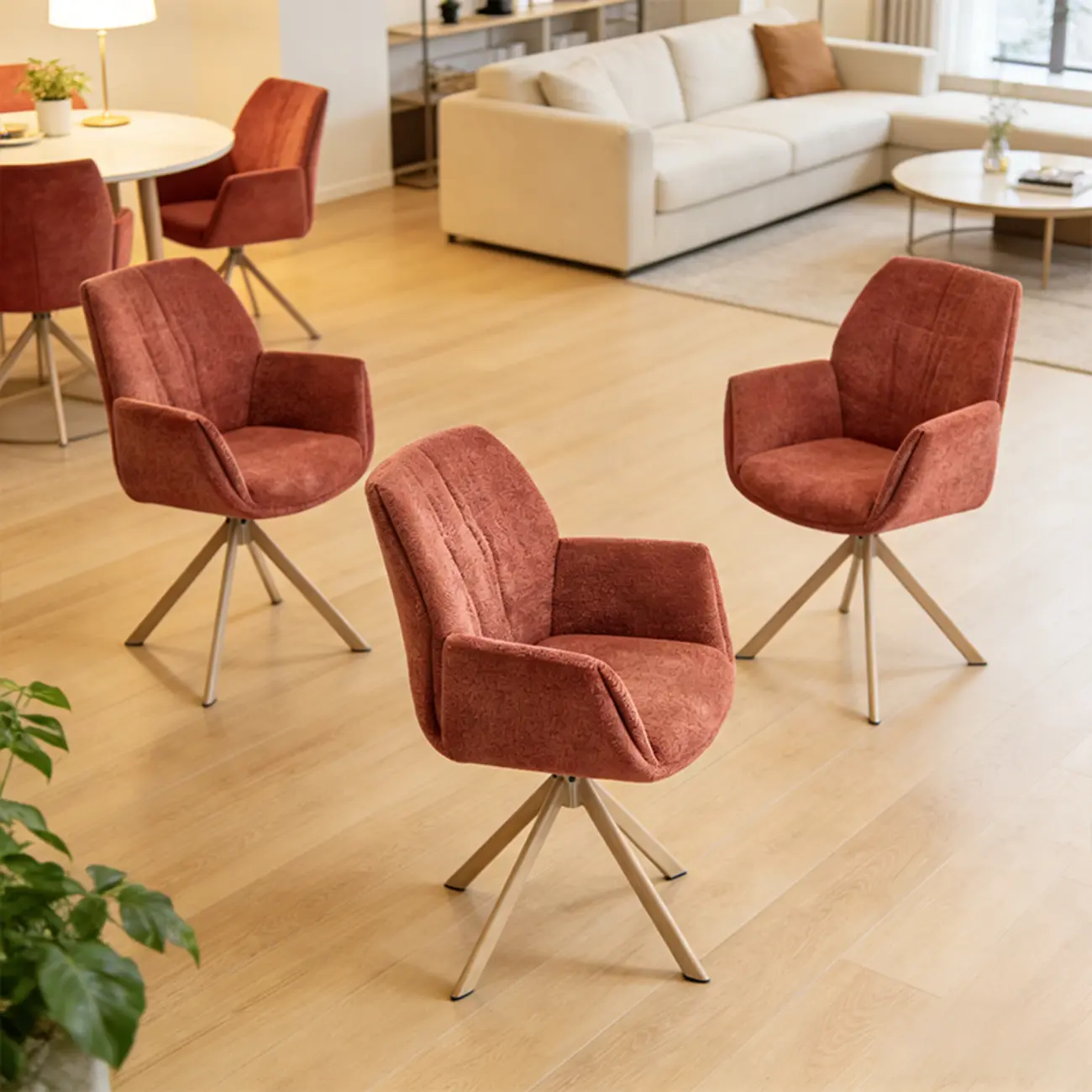 Red Swivel Modern Curved Back Fabric Arm Dining Chair