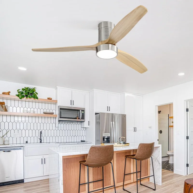 52 Inch Flush Mount Ceiling Fan With Dimmable Light 6 Speed Remote Control 3 Solid Wood Blade Ceiling Fan